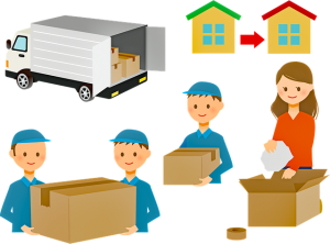 Movers, a moving truck, boxes